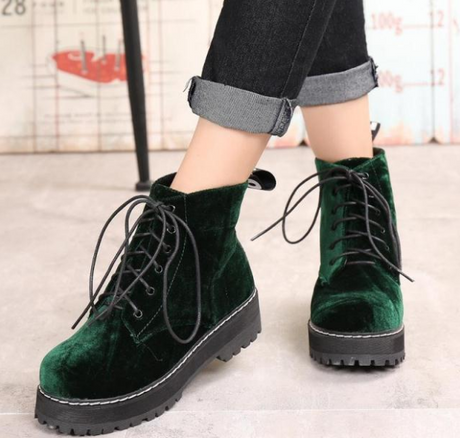 Vintage boots velvet straps ankle boots female tendon thick Martin boots
