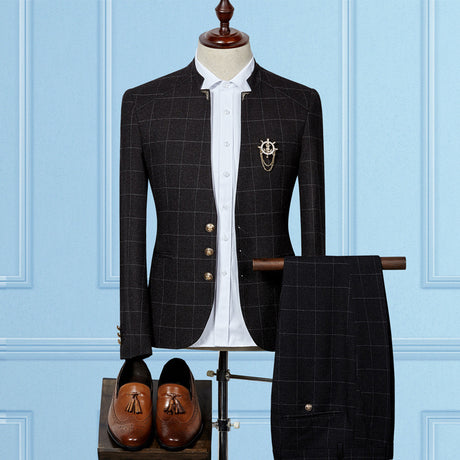 Business Men's Stand-up Collar Suit Two-piece Korean Style Sportsman Slim Suit Suit