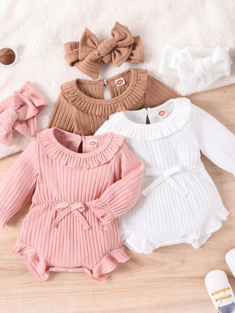New Children's Clothing Baby Long Sleeve Sunken Stripe Romper Headscarf Female Baby Autumn And Winter Jumpsuit