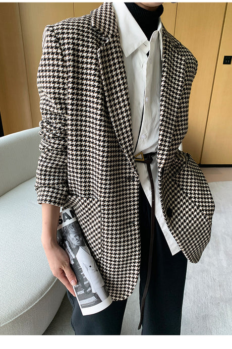 Women's Fashionable Houndstooth Wool Suit Jacket
