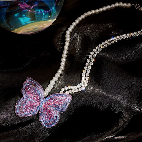 Purple Butterfly Pearl Necklace With Diamond Clavicle Chain