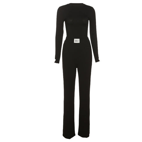 Fashion Round Neck Long Sleeve Solid Color T-shirt Slim Straight Trouser Suit Women