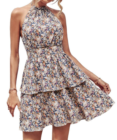 Summer Printed Halter Dress Fashion Backless Ruffled A-Line Beach Dresses For Womens Clothing