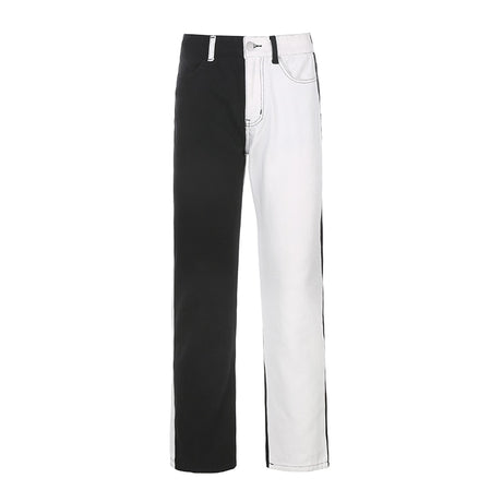 Black And White Patchwork Jeans For Women High Waisted