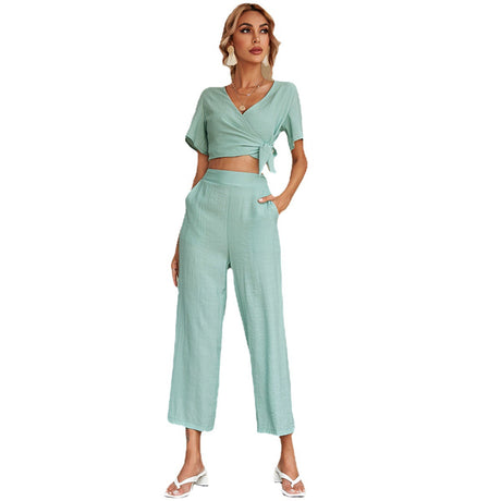 V-neck Side Seam Tie Ruffle Sleeve Cropped Trouser Suit
