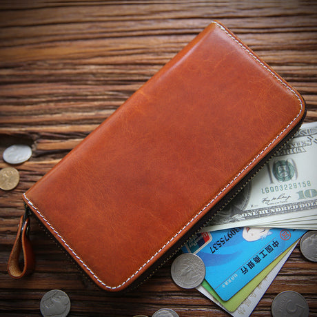 Men's Long Wallet Leather Zipper Wallet Layer