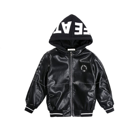 Boys' Casual Hooded Lettered Leather Coat
