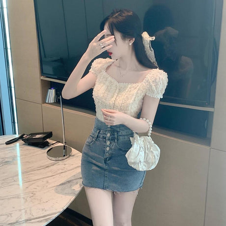 Niche Lace Stitching Square Neck Short-sleeved T-shirt