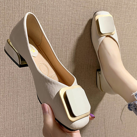Square Buckle Shallow Mouth Ladies Soft Leather Square Heel Gentle Fairy Shoes