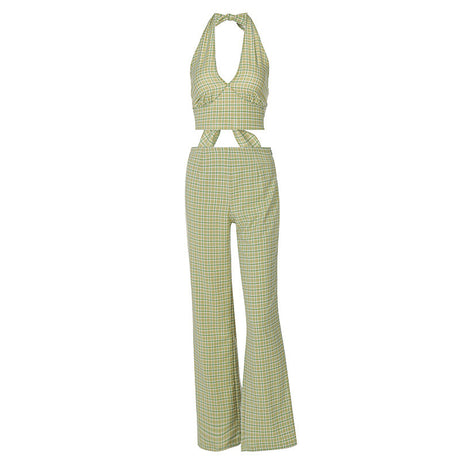 Lace-up V-neck Camisole Straight-leg Checked Trouser Suit