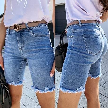 Ladies Denim Denim Shorts With Ripped Holes And Washed Metal Buttons