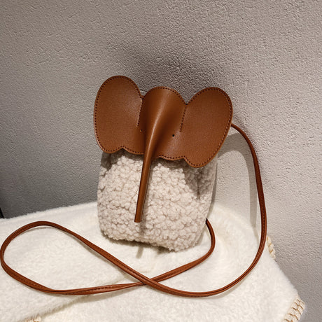 Cute Elephant Trunk Design Crossbody Shoulder Bags Winter Lamb Mobile Phone Bag For Women