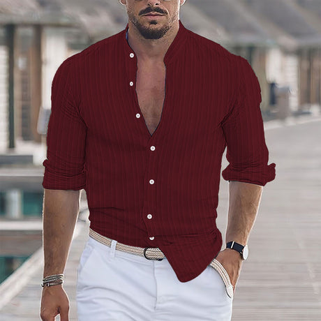 European And American Men's Cotton And Linen Stripes Jacquard Shirt