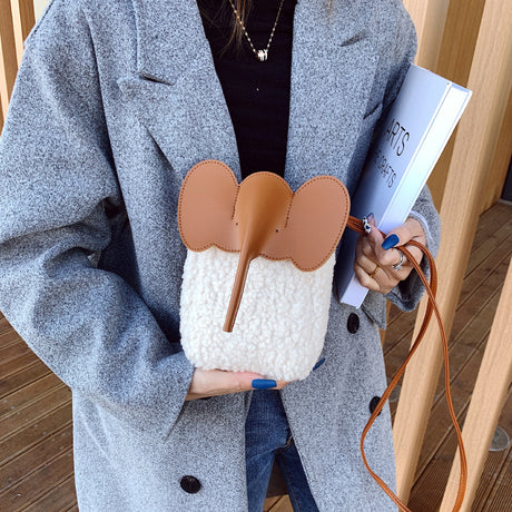 Cute Elephant Trunk Design Crossbody Shoulder Bags Winter Lamb Mobile Phone Bag For Women