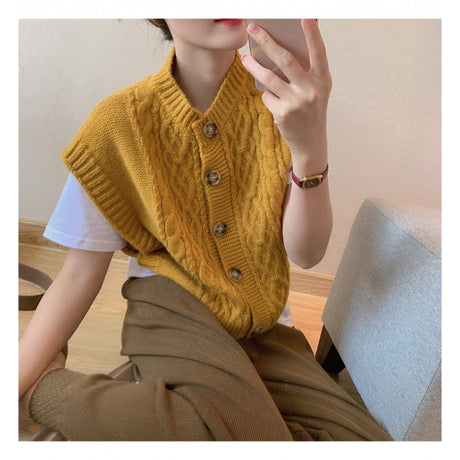 Solid Color Round Neck Commuter Outer Wear Button Thick Needle Smooth Sleeveless Soft Glutinous Knitted Vest
