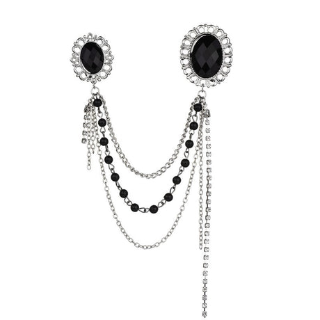 Multilayer Chain Brooch With Black Gem And Diamond Tassel