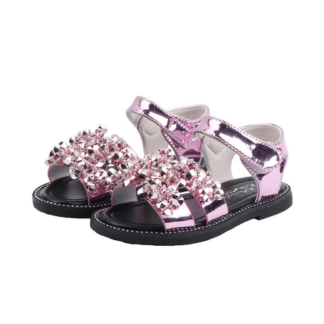 Girls Sandals Rhinestone Princess Sandals Girls Bright Leather Toe Beach Shoes