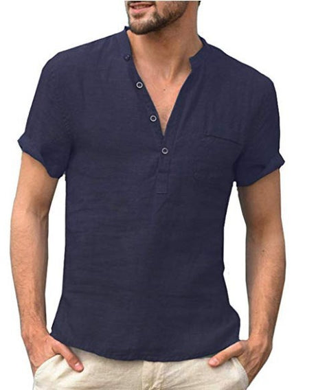 Casual Linen Solid Color Shirt Button V Neck Beach Shirt Men Summer Tops