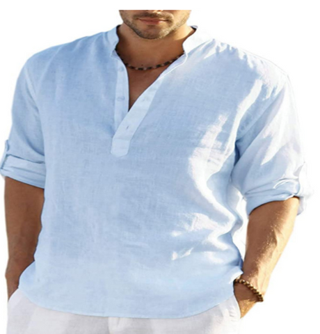 New Casual Cotton And Linen Embroidery Solid Color Long Sleeved Shirt For Men