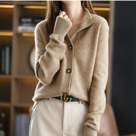 Gentle Retro Solid Color Stand-up Collar Cardigan Knitted Women