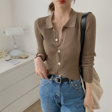 Polo Collar Long Sleeve Pit Strip Knitted Cardigan Women