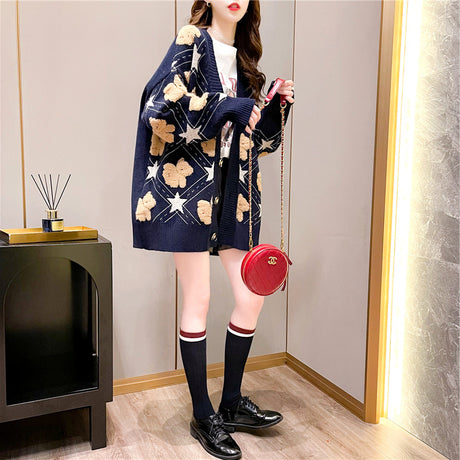 New Thick And Loose Lazy Style V-neck Bear Knitted Cardigan Women