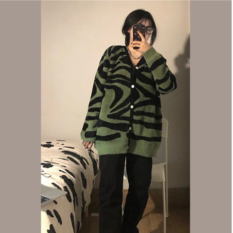 Zebra Print Sweater Cardigan Women Retro Loose Knitted Jacket