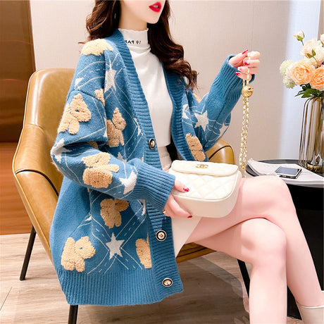 New Thick And Loose Lazy Style V-neck Bear Knitted Cardigan Women