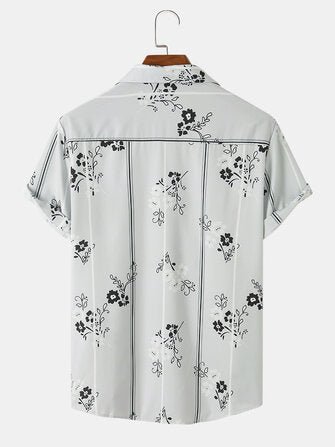 Mens Flower Stripe Print Camp Collar Holiday Short Sleeve Shirts